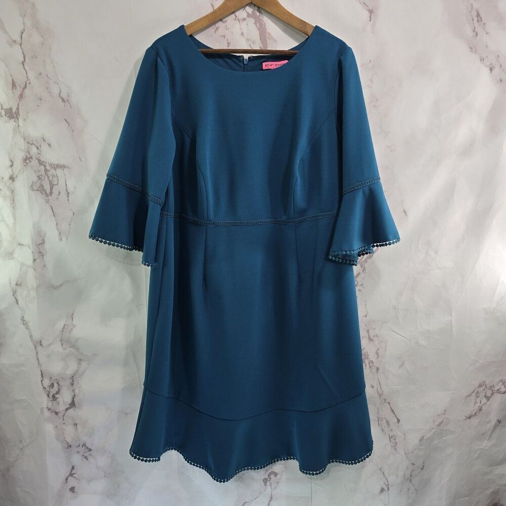 Betsey Johnson Dress Women 14 W Dark Forest Green Bell Sleeve Flounce Zip Ponte
